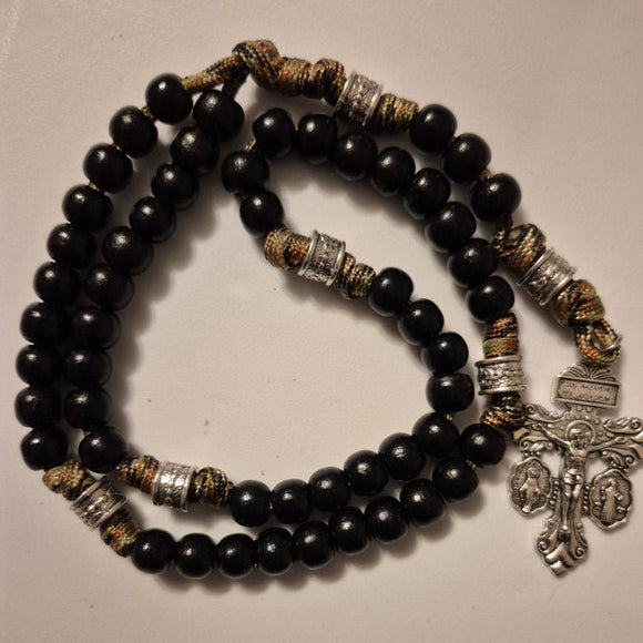 Warrior Rosary. Strong natural handmade rosary with Paracord and 10mm wood beads. It has a pardon crucifix and a miraculous medal attached.